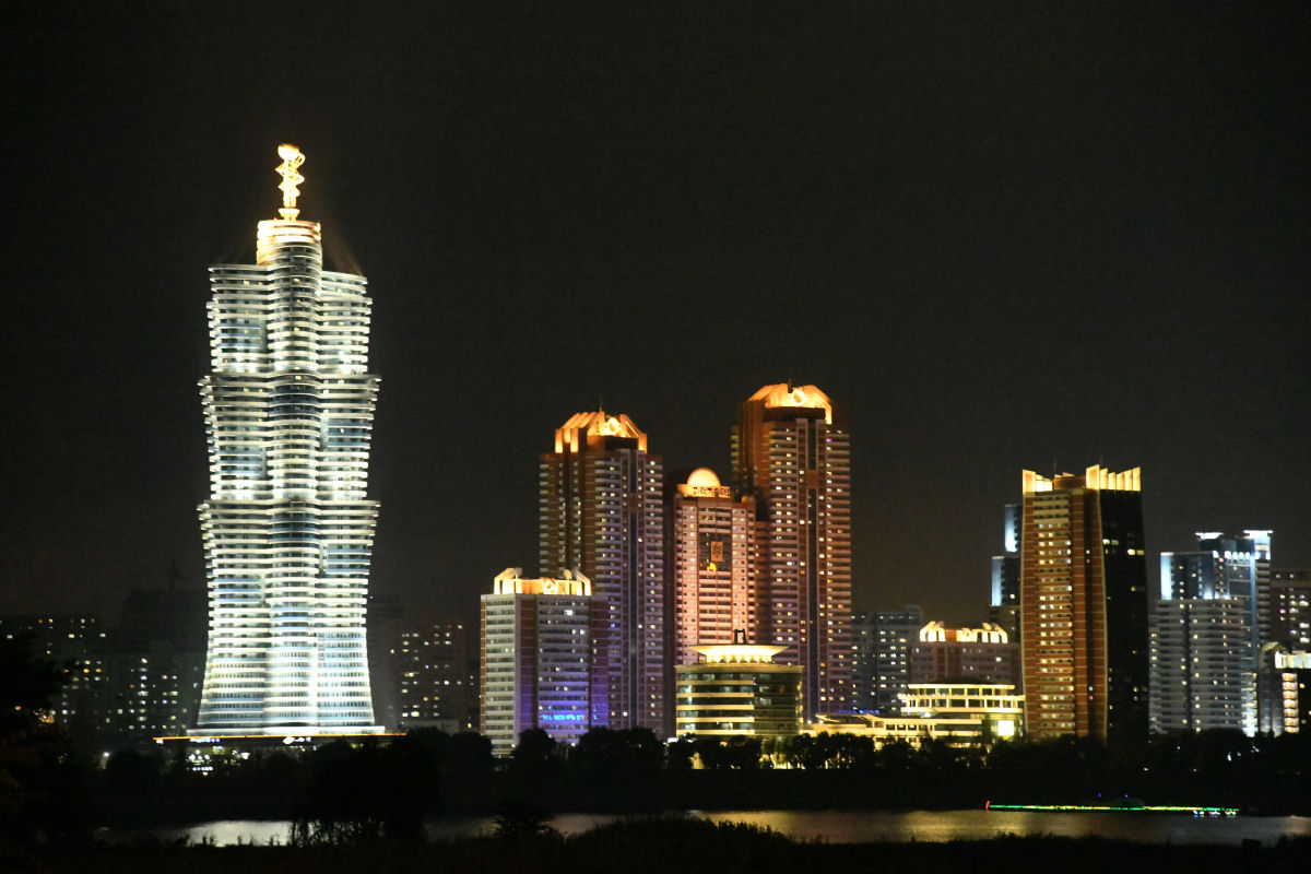 Night view of modern buildings in Pyongyang
