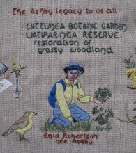 Image of embroidery of Enid Robertson (nee Ashby) gardening